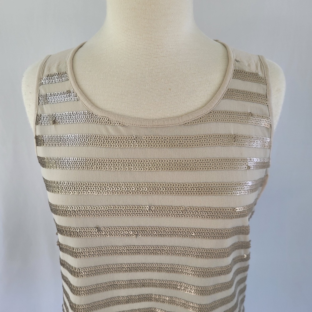 Chico's Stella Stripped Sequin Tank Top Tan/ Champagne SZ 2 (Large) - Picture 3 of 10